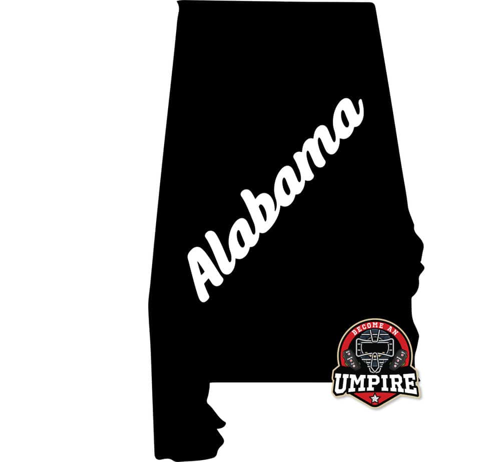 Black silhouette of the state of Alabama with the word ‘Alabama’ written diagonally across, featuring a red and black umpire badge logo in the bottom right corner.