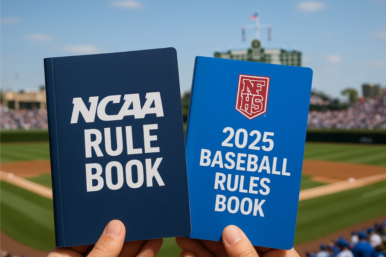 Two baseball rule books, the navy blue NCAA Rule Book and the bright blue 2025 NFHS Baseball Rules Book, held up in front of a stadium