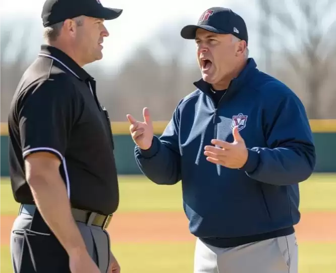 Baseball umpire listening calmly to a coach during an on-field dispute