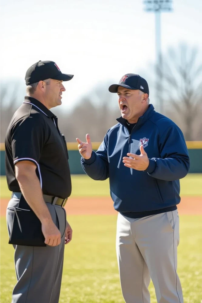 Baseball umpire listening calmly to a coach during an on-field dispute
