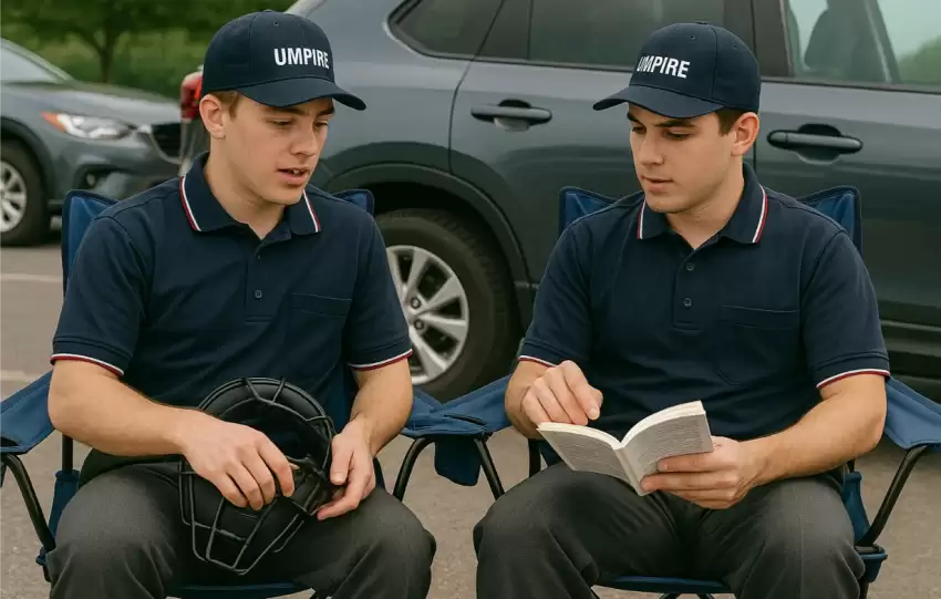 Two young baseball umpires sitting in lawn chairs beside their cars in a parking lot, reviewing a rulebook together before the game.