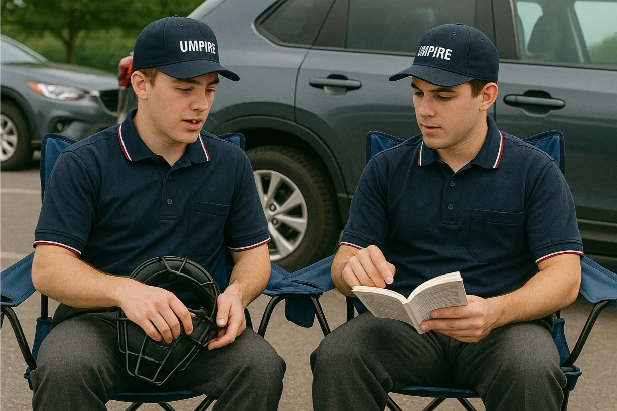 Two young baseball umpires sitting in lawn chairs beside their cars in a parking lot, reviewing a rulebook together before the game.