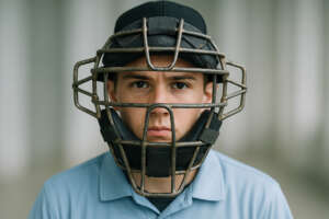 Young baseball umpire in a light blue shirt wearing a used, beat-up umpire mask with visible scuffs and wea