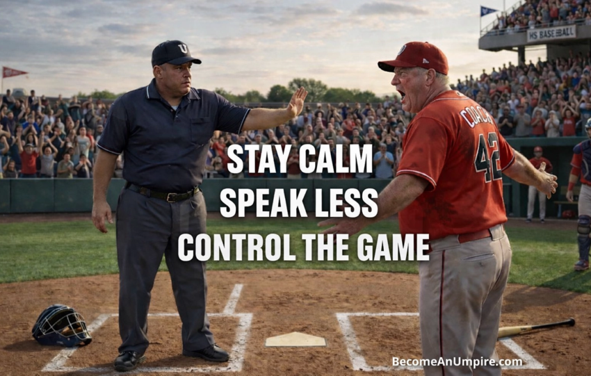 Baseball umpire calmly handling a coach argument during baseball game