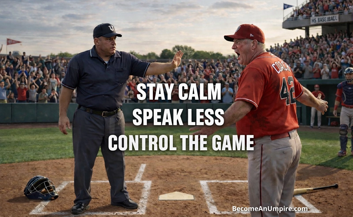 Baseball umpire calmly handling a coach argument during baseball game