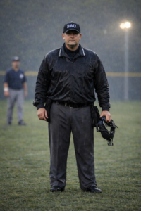 Umpire Standing in the rain during a baseball gaem. becomeanumpire.com
