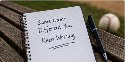 Open umpire journal on a wooden bench with a pen and baseball
