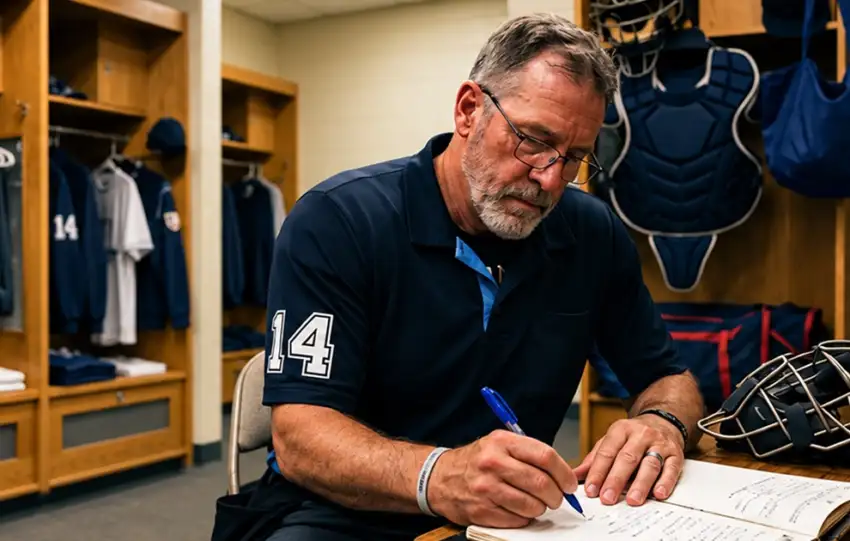 Baseball umpire writing postgame notes in a journal in the locker room