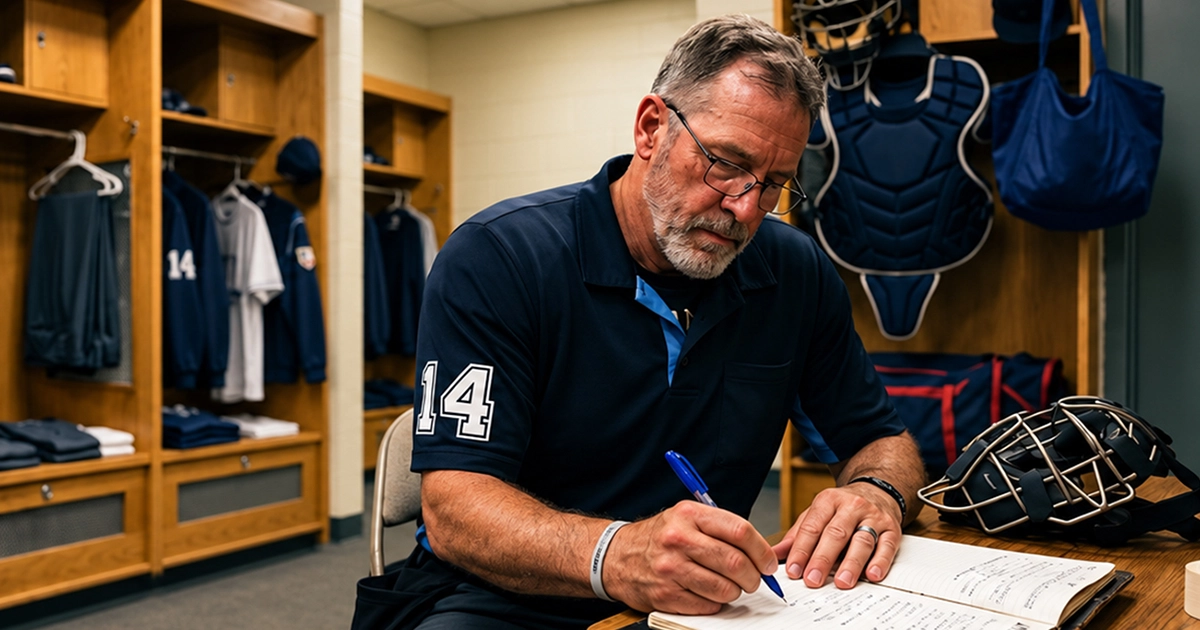 Baseball umpire writing postgame notes in a journal in the locker room